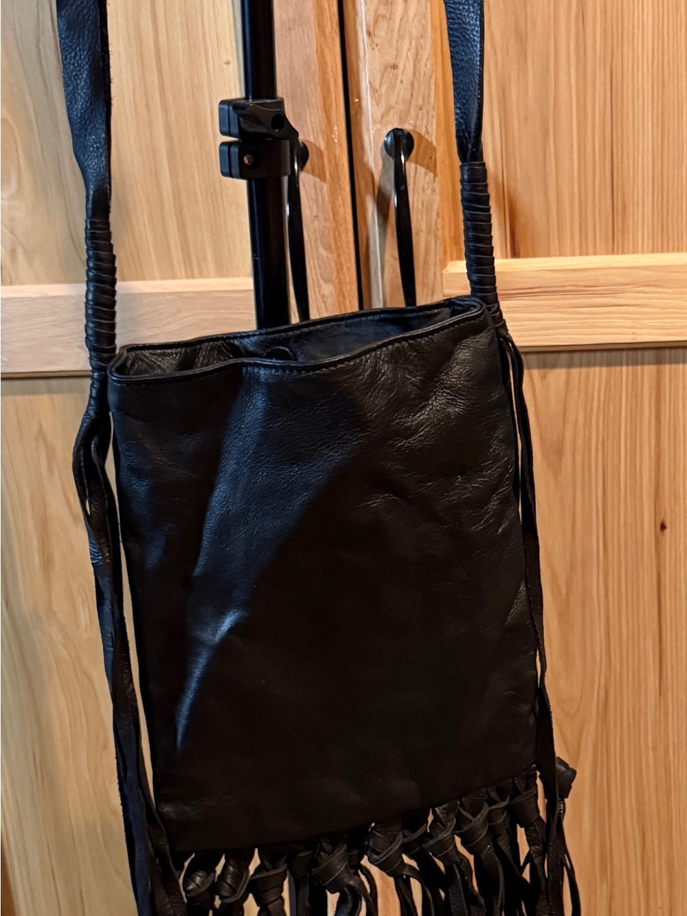 NWT Ecote Urban Outfitters Knotted Fringe Black Real Leather Bucket Bag